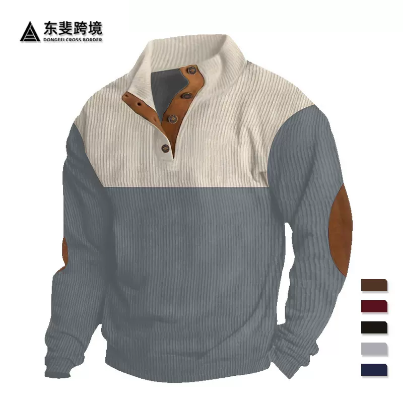 2025跨境大码秋冬男士休闲拼色翻领运动卫衣亚马逊灯芯绒立领上衣
