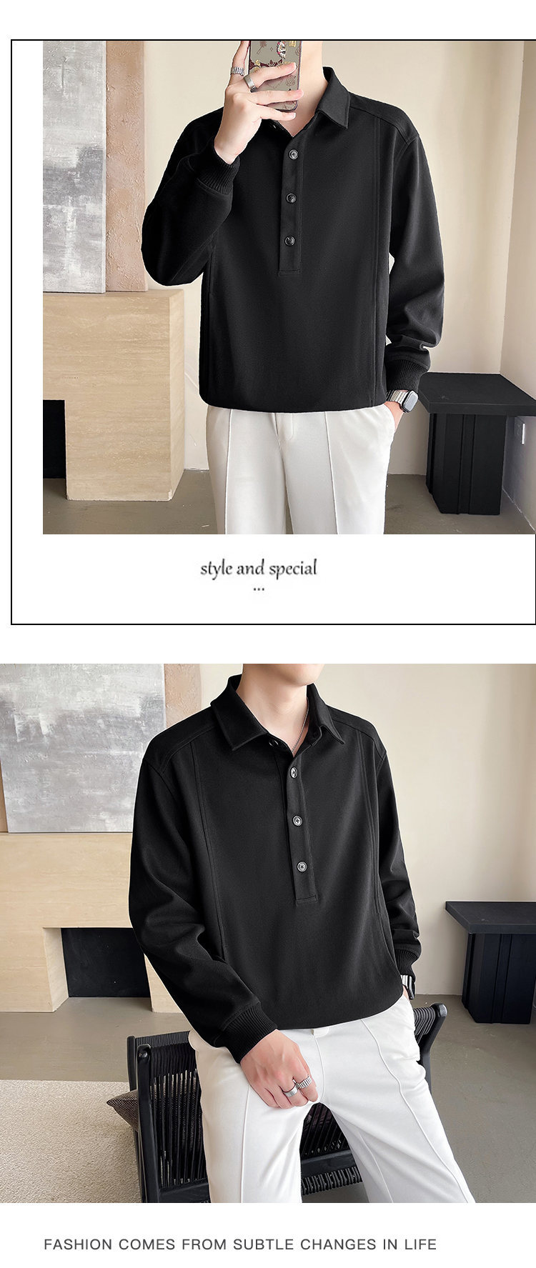 Jesenski in zimski priložnostni enobarvni pulover s kapuco in reverjem za moške_voghion.com