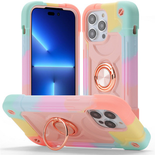 For iPhone 11 12 Colorful Silicone PC Phone Case Apple 14 Pro Ring Magnetic Bracket Protective Case