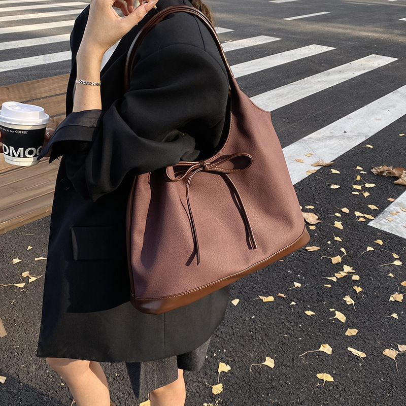 韩国小众蝴蝶结托特包包女2025新款复古麂皮绒腋下包大容量通勤包|undefined