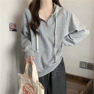 跨境欧美加绒加厚半拉链连帽卫衣女秋冬季宽松韩版休闲长袖外套