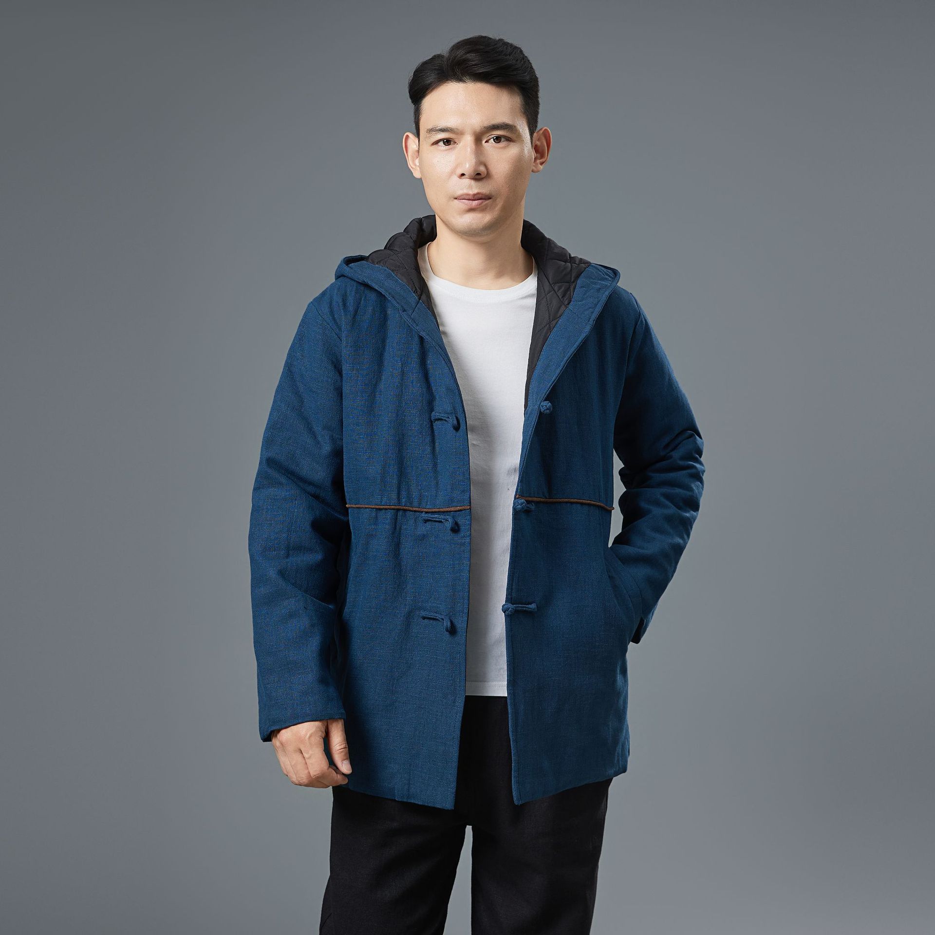 26-Year-Old Ma Fan Cloth Clothing Brand, Chinese-Style Men's Cotton-Padded Jacket with Hood, Handmade Buttoned Retro Cotton-Padded Jacket