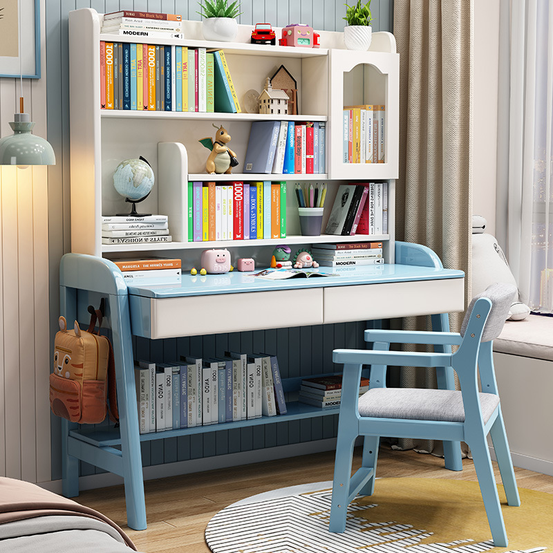 Children's Study Table Liftable Solid Wood Desk Bookcase Integrated Student Home Writing Table Bedroom Computer Tables and Chairs