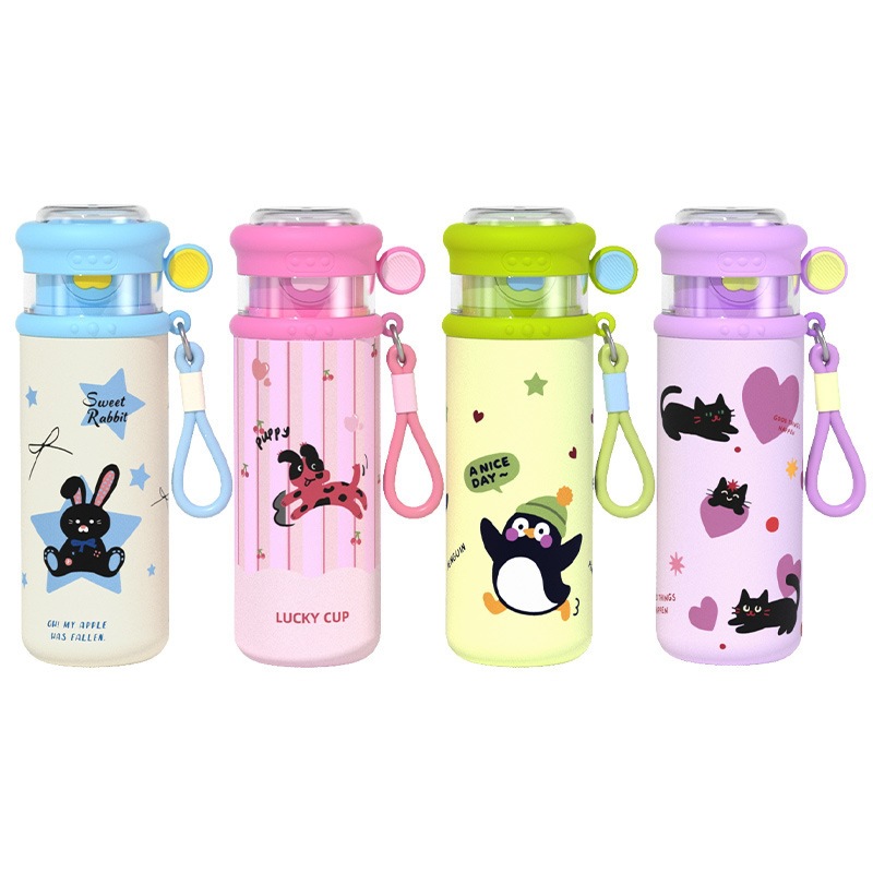 Caricatura encantadora impresión 3D de acero inoxidable taza de alumno tres tazas de agua de paja para niños portátiles de cuerda hervidor de agua mujer