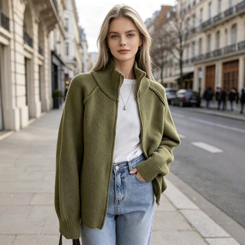 Cross-Border Ready-Made Lazy Style Sweater Jacket for Women Autumn and Winter New Korean Style Versatile Pure Color Stand-Up Collar Zipper Knitted Cardigan Cross-Border Ready-Made Lazy Style Sweater Jacket for Women Autumn and Winter New Korean Style Versatile Pure Color Stand-Up Collar Zipper Knitted Cardigan