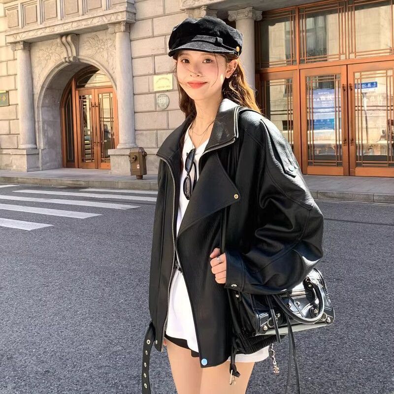 Black Retro Motorcycle Lapel Pu Leather Jacket for Women, Cool and Stylish Style, 2025 Spring and Autumn New Leather Jacket Top