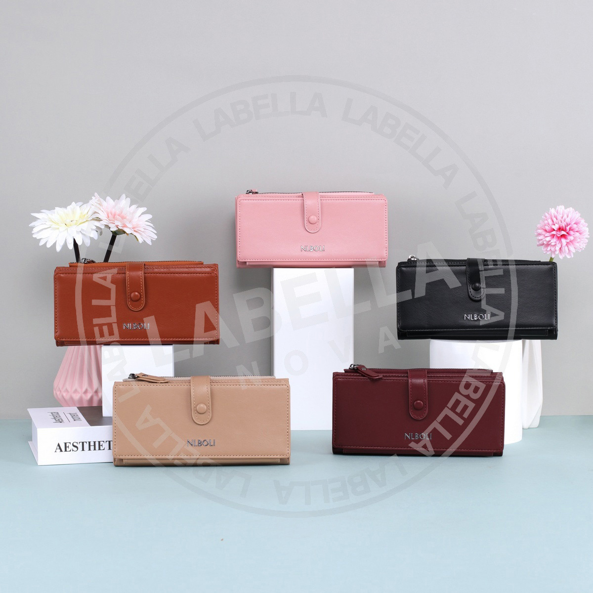 La billetera de la señora Labella, billetera larga coreana PU, bolso de tarjetas multi-tarjeta de tres plegados, simple y de color sólido, bolsa de tarjetas transfronterizas de moda.