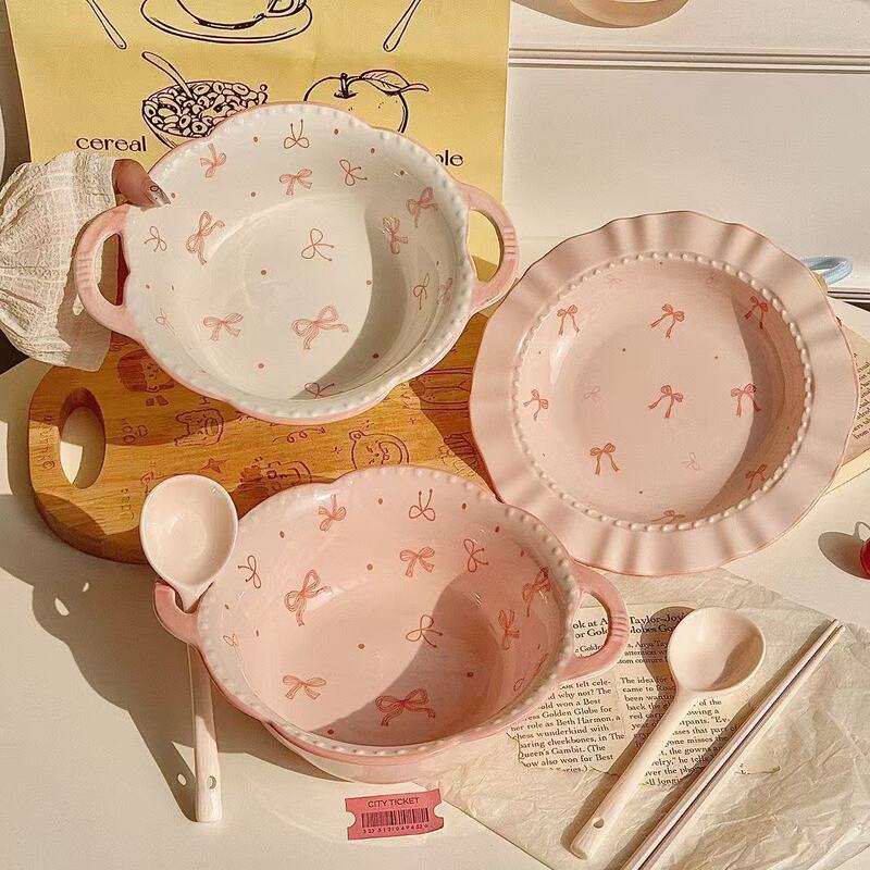 少女心蝴蝶结陶瓷双耳汤碗家用高颜值一人食餐具大号泡面碗汤碗|undefined