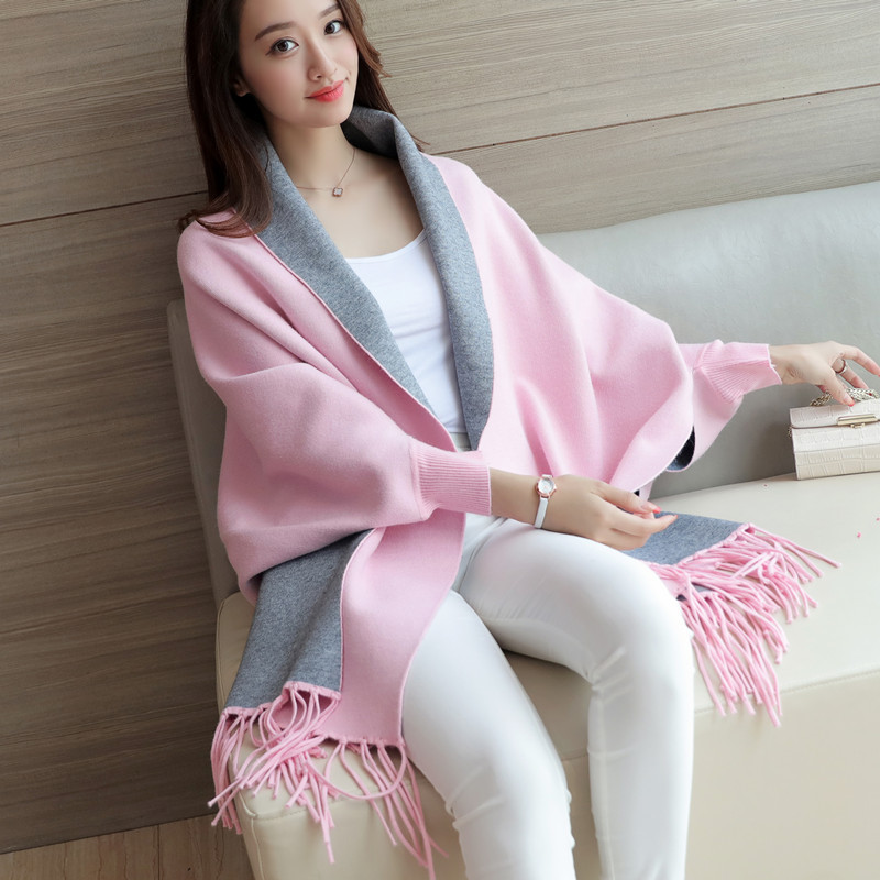 Solid Color Sweater for Women, Loose Cape Shawl, Tassel Cardigan Top, Jacket for Women, Spring and Autumn Color-Blocking Design, Long-Sleeved for Commuting
