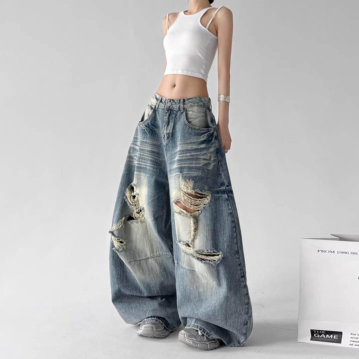 Women's Dark Blue Ripped Wide Leg Jeans Slimming Street Style Floor Length Pants Summer New Design_mkmklike.com