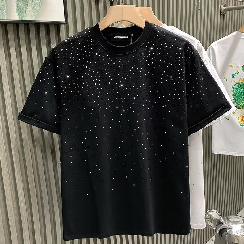 European Station Fashionable Brand Light Luxury Men's T-Shirt Short-sleeved Stars Hot Diamond Cyber Popular Niche Half-sleeved T-shirt