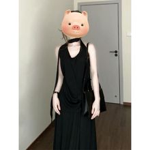 法式荡领挂脖上衣黑色裙子套装女2025新款夏季穿搭一整套露背ins