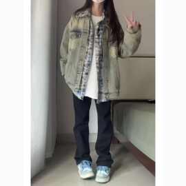 潮牌美式复古牛仔外套女春秋夹克oversize水洗做旧工装高街牛仔衣