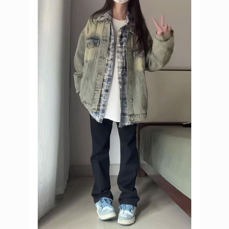 Trendy Brand American Retro Denim Coat Women's Spring and Autumn Jacket oversize Washed Distressed Tooling High Street Denim Clothes