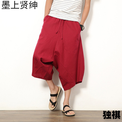 Factory Wholesale Foreign Trade Men's Spring and Summer Men's Lantern Pants Multi-color Thailand Wide Leg Pants Cotton and Hemp Chinese Style Beach Pants 