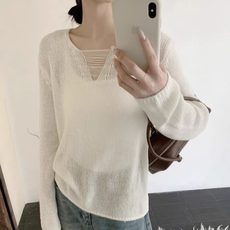 2025 primavera y verano nuevo estilo coreano simple cuello en V diseño hueco suelto casual todo-fósforo protector solar fino top de punto image 7