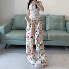 美式辣妹涂鸦工装裤女夏秋季2024新款降落伞裤高腰休闲阔腿裤批发