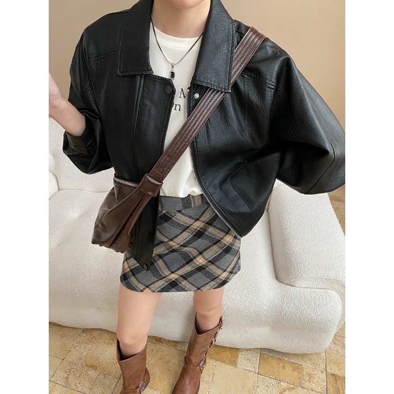 司南 摩登街头 美式复古PU皮翻领宽松显瘦皮衣夹克外套 SN8098|undefined