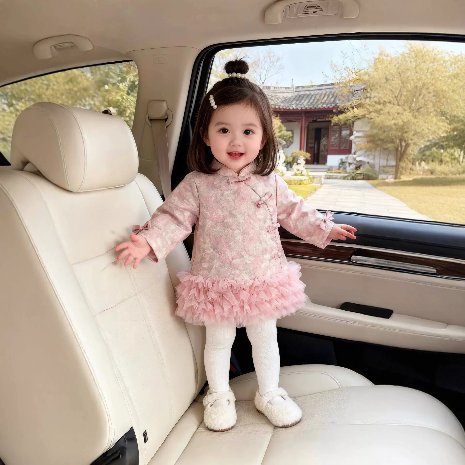 女童秋冬新中式旗袍唐装女宝宝洋气夹棉汉服女孩蛋糕网纱旗袍裙潮