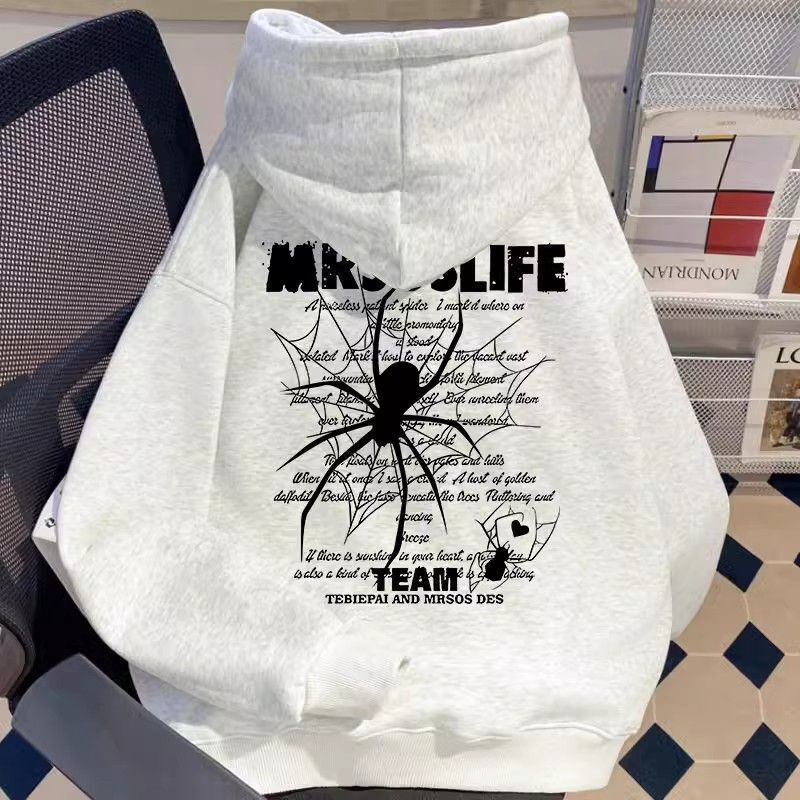 American Hiphop Trendy Brand Spider Print Hooded Sweatshirt for Women Autumn and Winter New Velvet Thickeneded Loose Jacket for Couples