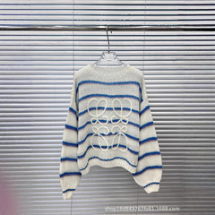 トレンドブランド25初春新作3色ストライプ刺繍モヘアルーズランタンスリーブセーター