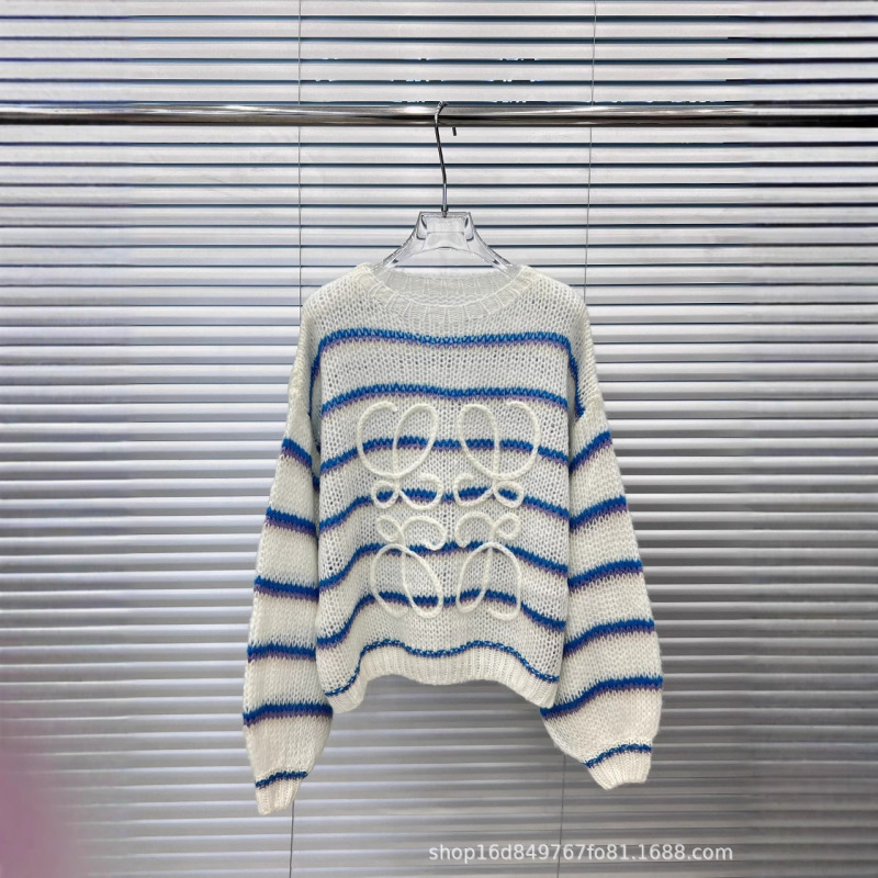 トレンドブランド25初春新作3色ストライプ刺繍モヘアルーズランタンスリーブセーター|undefined