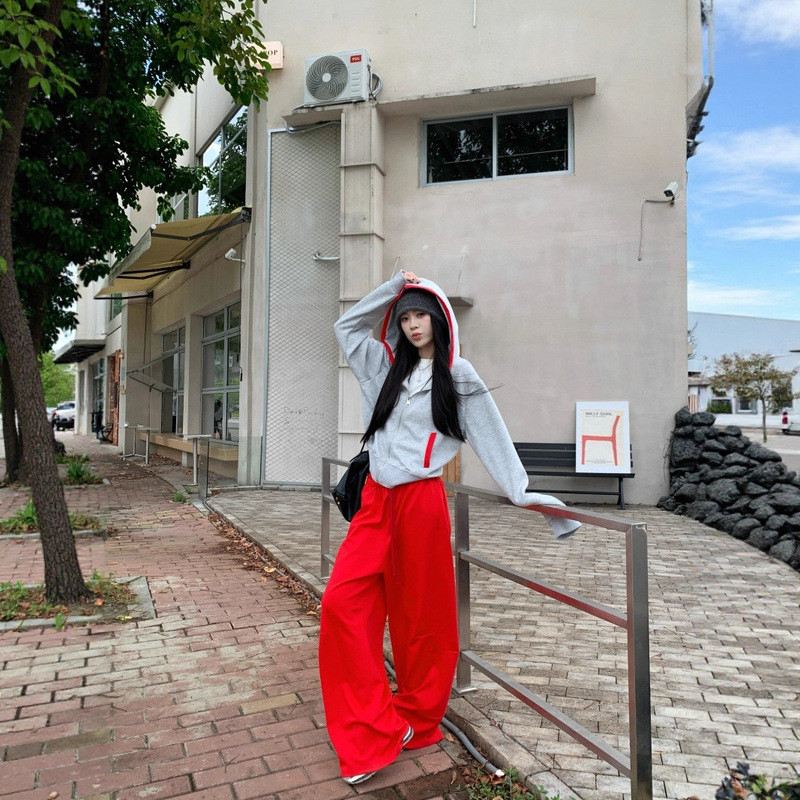 韩系运动风撞色连帽宽松长袖卫衣外套阔腿裤女2025秋季时尚套装潮|undefined