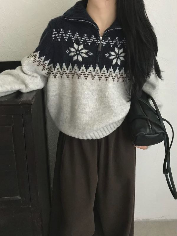 韩系费尔岛圣诞雪花高领毛衣女秋冬新款保暖宽松针织衫上衣女1308|undefined