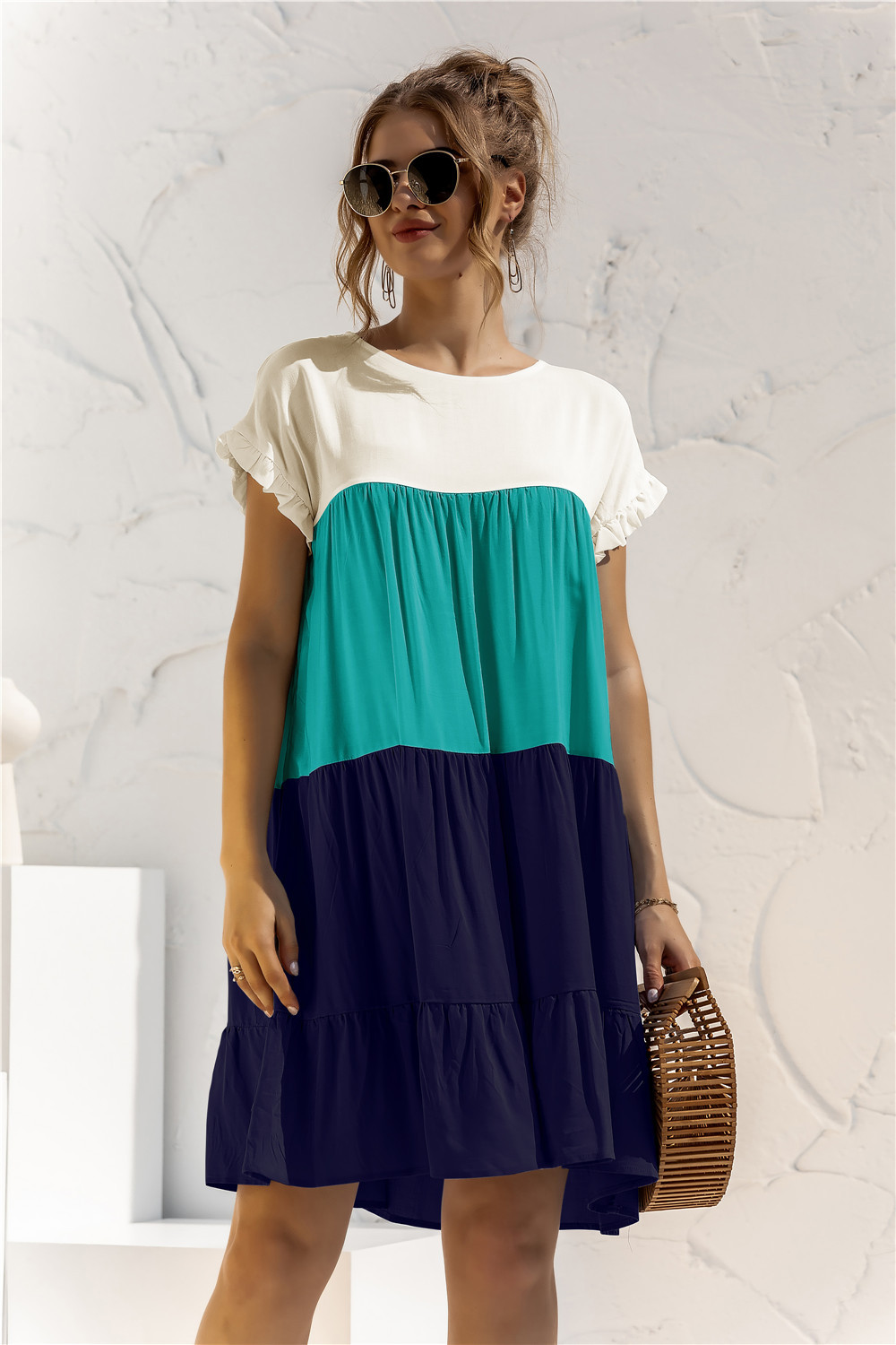 Women's Tiered Skirt Fashion Round Neck Patchwork Short Sleeve Color Block Above Knee Daily display picture 86
