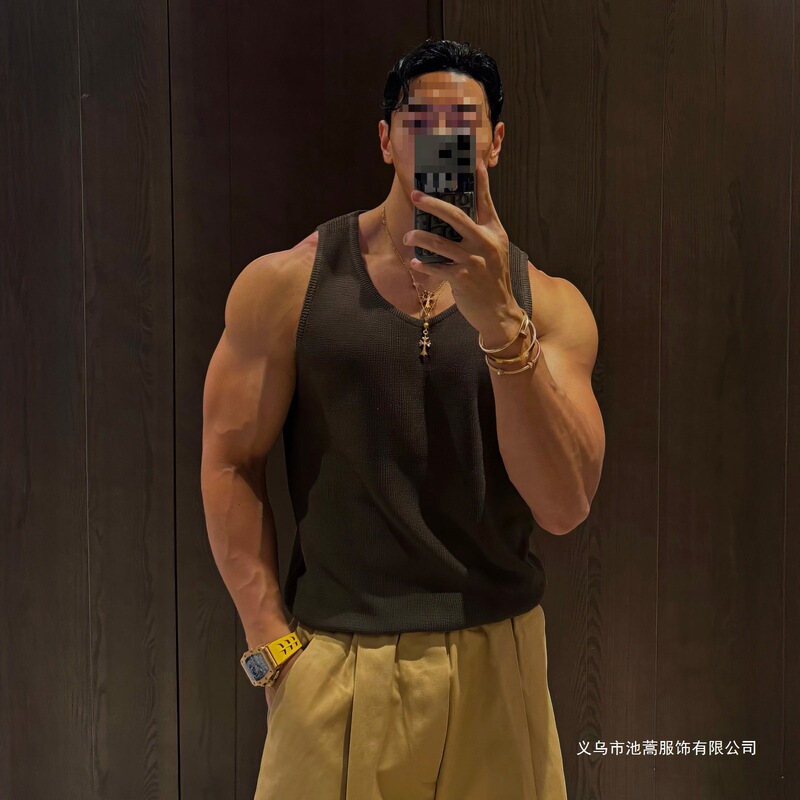 davidme brown ribbed linen knitted vest men's summer sports fitness muscle sleeveless T-shirt