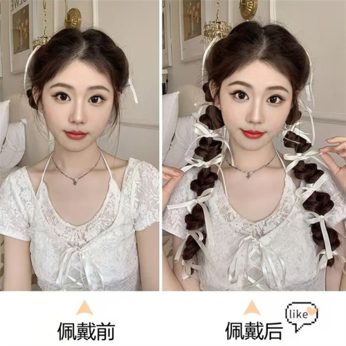 Live-streamed sales: Women's faux hair with ribbons, braided styles, bubble twists, ombre highlights, lantern-style pigtails, and double ponytails—realistic synthetic hair extensions