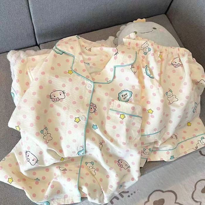 Venta al por mayor transfronteriza en vivo estilo caliente verano nube pijamas de algodón mujeres de manga corta casual de dibujos animados traje de servicio a domicilio para estudiantes