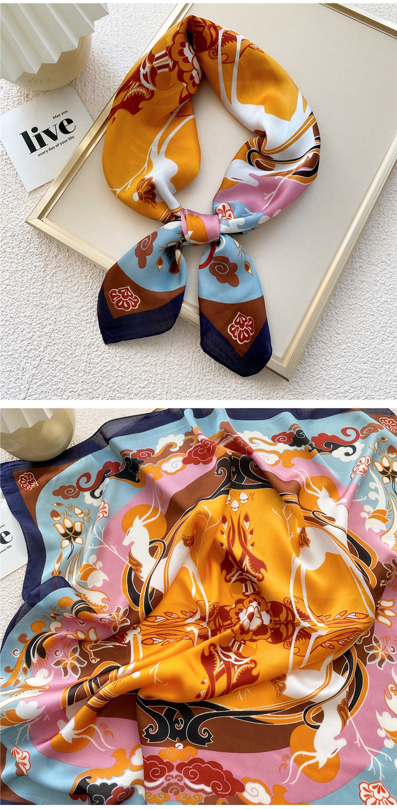 50g Weight Silk Scarf Classification Travel Occasion Silk Material Unisex Gender Printing Design Sweet Style Grey, Red, Green, Blue, Yellow, Black Color Unisex Sweet Silk Printing Silk Scarf 2