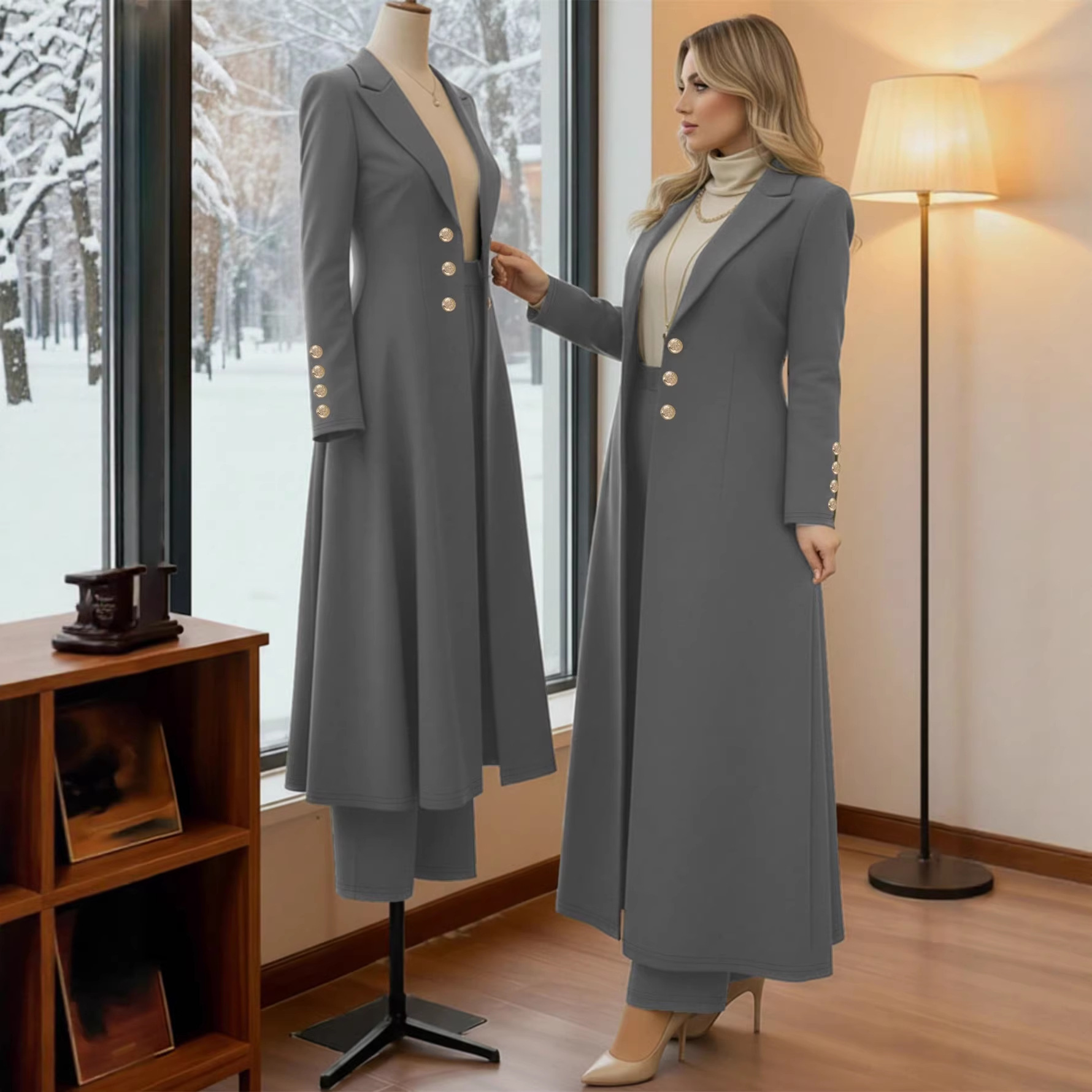 Plus Size Elegant Retro Style Suit Coat Casual Straight Leg Trousers Waist Cinching Long Coat Set_ecoleips.com