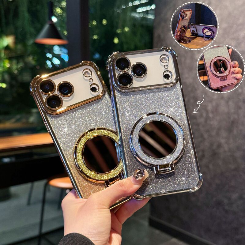 闪粉镜子磁吸支架适用iPhone17PRO手机壳16苹果13四角电镀防摔保|undefined