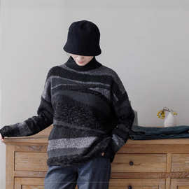 2021冬新 文艺复古美丽奴羊毛黑白系撞色山河画针织高领套头毛衣