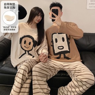 Couple Pajamas Spring & Fall Long-Sleeved with Chest Pads for Women Cute Cartoon Can Be Worn Outside Men's Autumn and Winter Home Wear Set