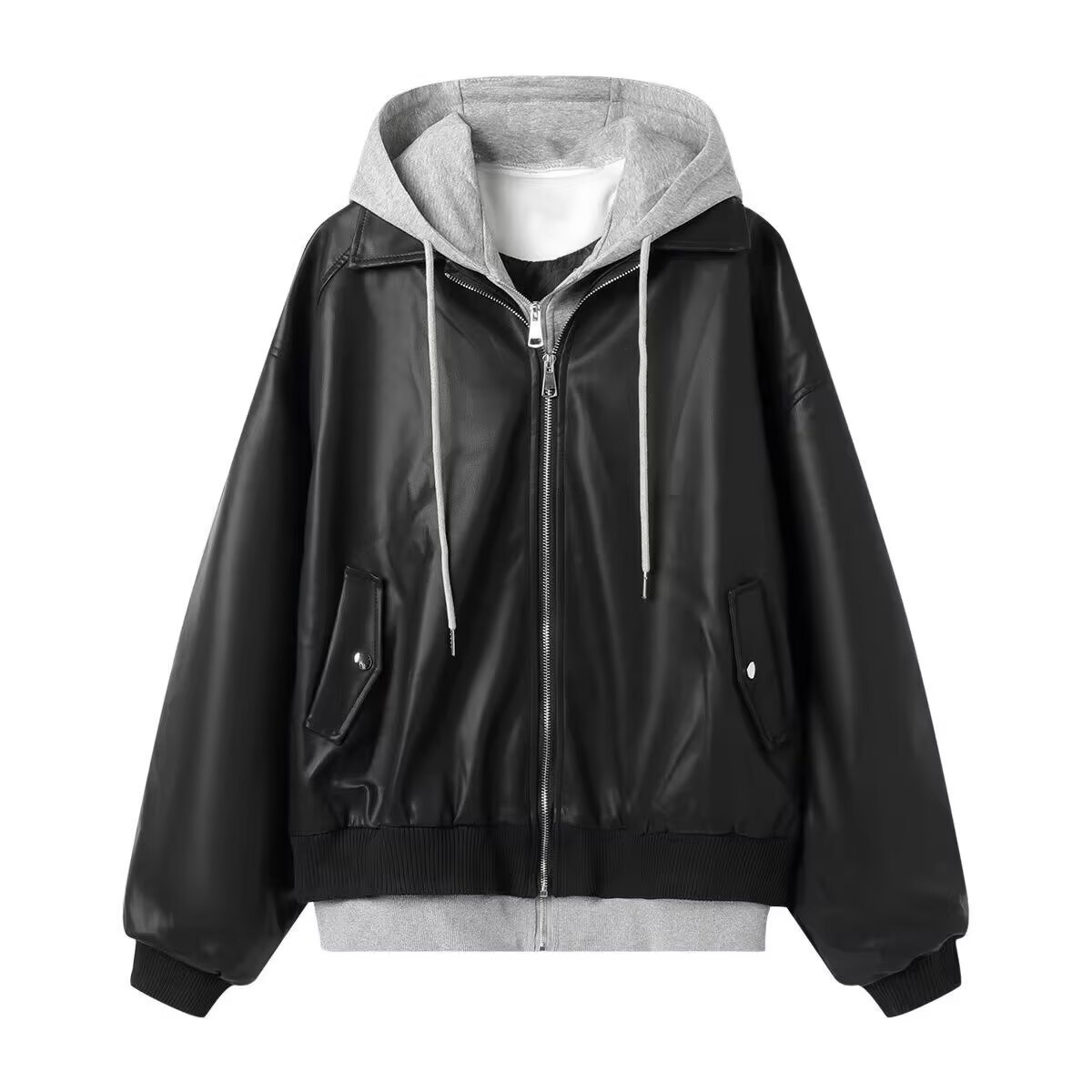 Zweiteiliges Herren-Set mit Kapuzenjacke aus Kunstleder, hochwertiges PU-Leder im Vintage-Stil, trendiges schwarz/graues Langarm-Oberteil für Paare_voghion.com