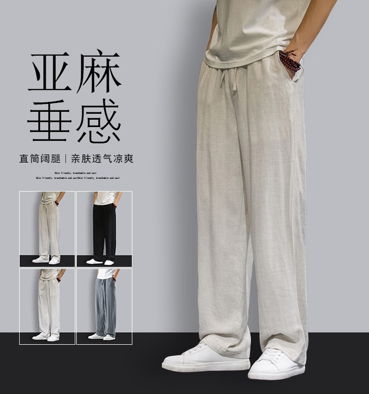 Pantalones de hombre de lino ligero y transpirable de estilo chino, pantalones de pierna recta sueltos de lino de verano, pantalones casuales de algodón y lino, pantalones anchos