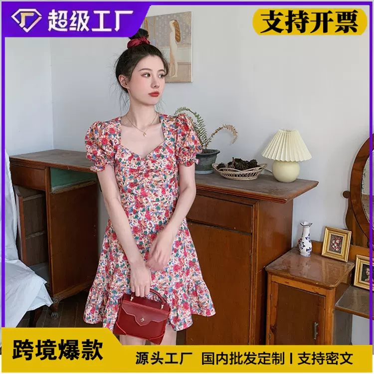 跨境外贸2026新款法式复古小众初恋裙子夏仙气超仙森系碎花连衣裙