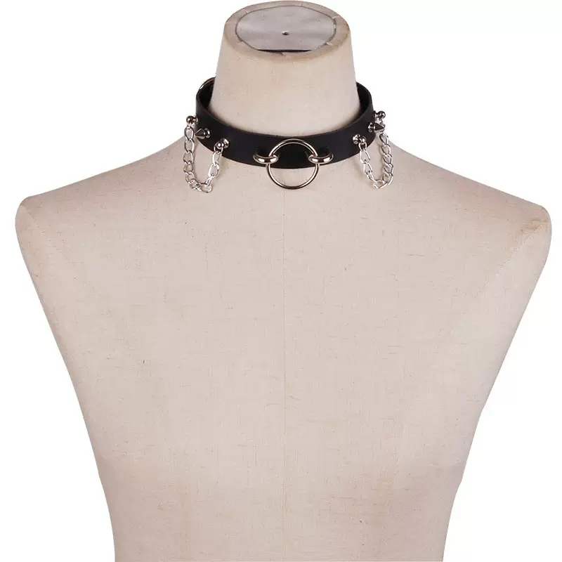 欧美 原宿朋克尖钉O形环链条项圈情侣饰品pu皮质项脖链锁骨链颈链