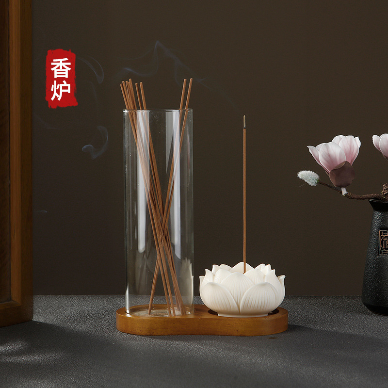二合一实木8字香炉玻璃线香筒葫芦香插象牙果莲花香座橡胶木香盘