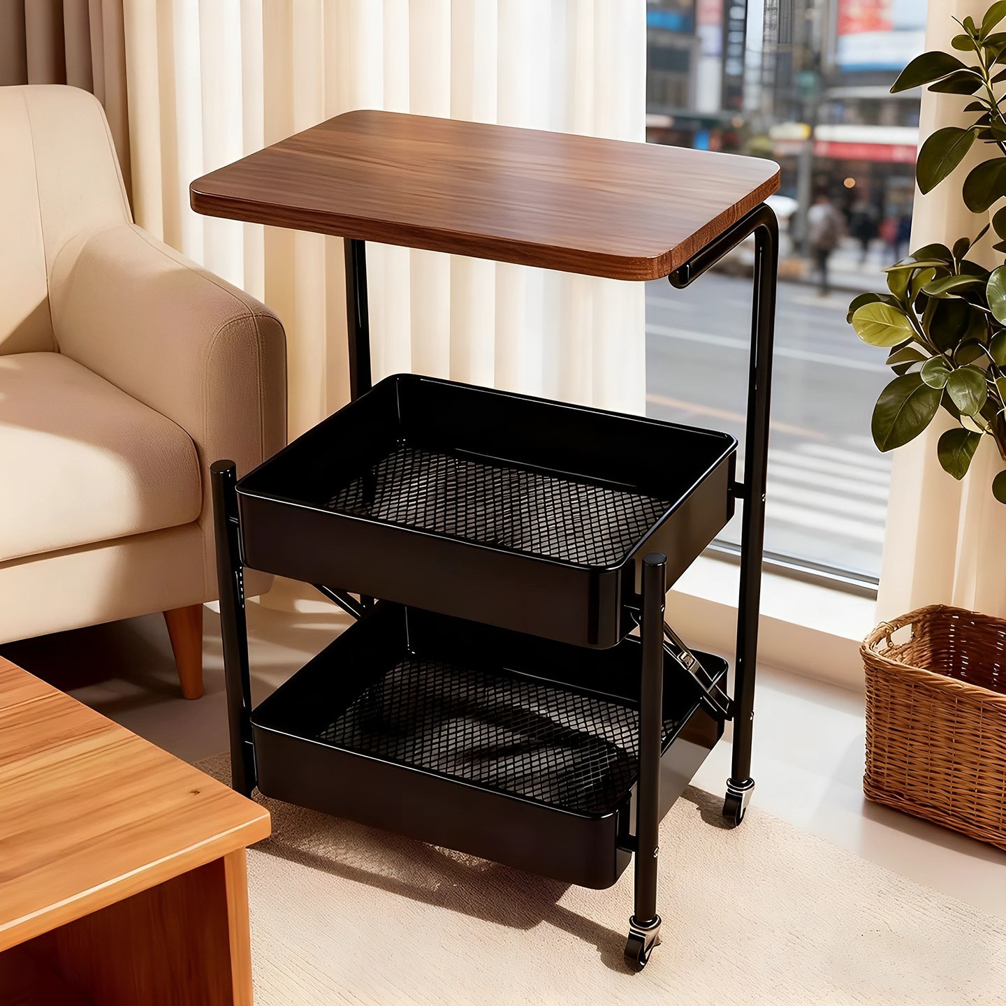 Used Folding Trolley Storage Rack Floor-Standing Bedroom Bedside Table Snack Storage Coffee Table Living Room Side Table Storage Rack