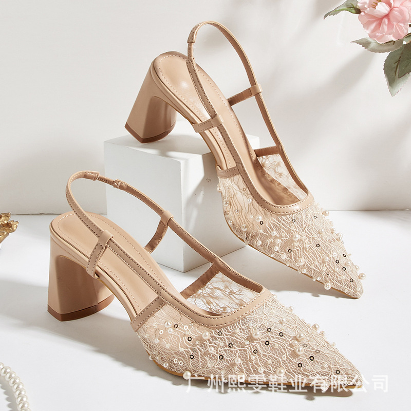 New Style Apricot-Colored European and American Lace Beaded Ladylike High-Heeled Sandals with Pointed Toe, Sequins, Chunky Heels, and Elegant Rhinestones New Style Apricot-Colored European and American Lace Beaded Ladylike High-Heeled Sandals with Pointed Toe, Sequins, Chunky Heels, and Elegant Rhinestones