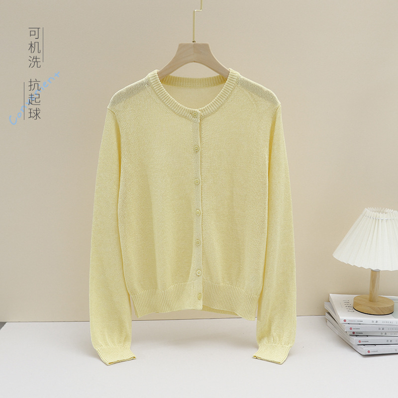 Mouth and Paper Yarn light blue Linen Hollow Bohemian Crewneck Knitted Cardigan Sunscreen Shirt for Women