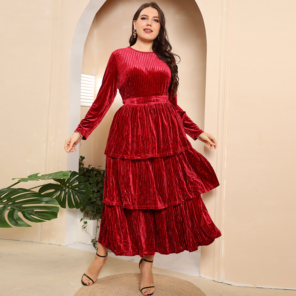 plus size solid color round neck long sleeve pleated layered dress NSWCJ117759