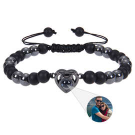 6mm黑磁石图片定 制手链磨砂石照片定 制手链桃心吊坠投影手链