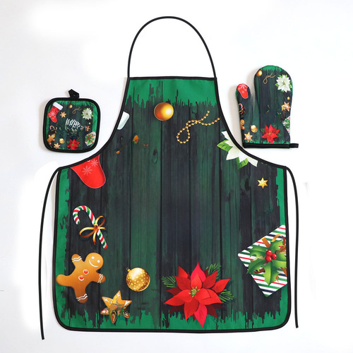 Cross-border holiday kitchen decoration set, includes thick oil-resistant apron, oven heat-insulating gloves, baking heat-insulating, anti-scalding, and anti-staining set