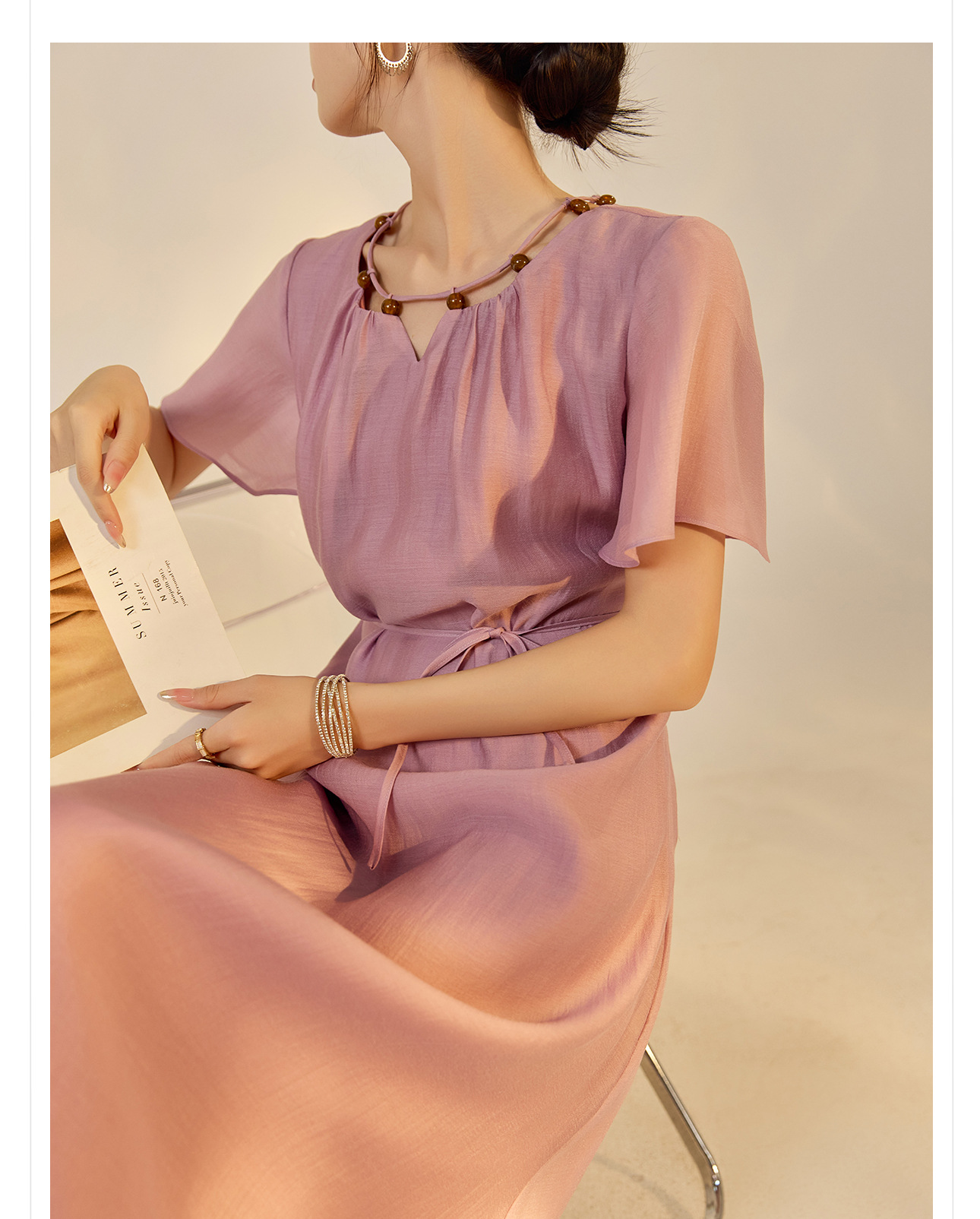 Đầm maxi nữ thắt eo tay lá sen chất Tencel phong cách dân tộc — Taro màu tím chi tiết 4