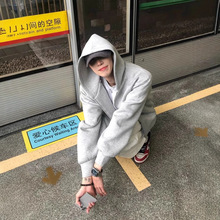花灰色加绒开衫卫衣男春秋款双头拉链连帽外套美式复古穿搭夹克衫